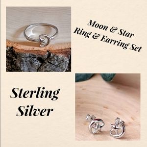925 Sterling Silver Ring & Earring Set Crescent Moon & Star Women's Jewe…